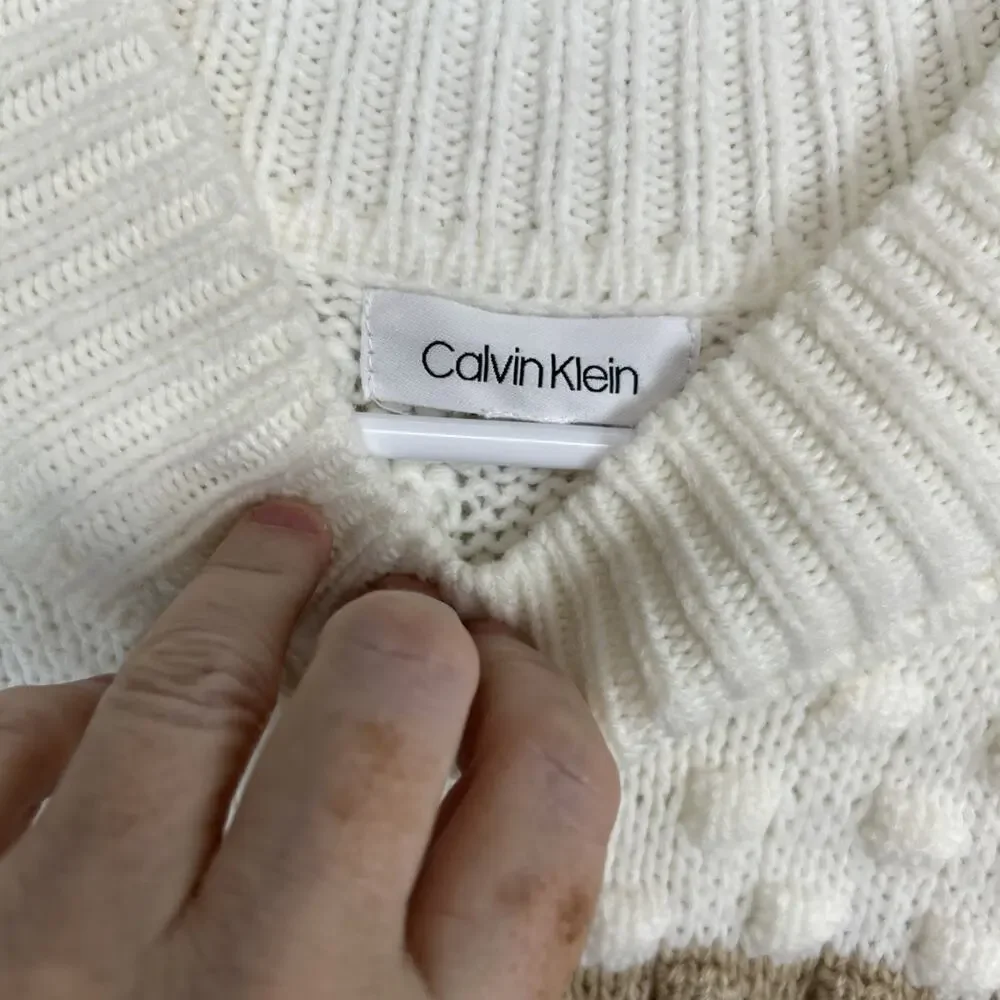 Calvin Klein Women's Colorblocked Popcorn-Knit Sweater (Latte/Granite/White) L